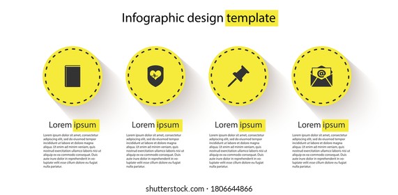 Fijar el libro, el escudo y la frecuencia cardíaca, el pin de inserción y el correo electrónico. Plantilla de infografía de negocios. Vector.