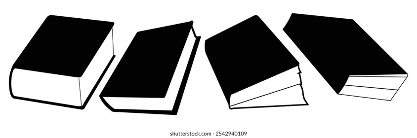 Conjunto de icono de Vector de silueta de libro en estilo plano. Contiene literatura y libro de texto aislado sobre fondo blanco.