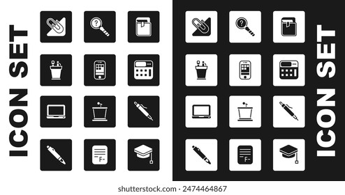 Set Book, Smartphone, Pencil case stationery, Paper clip, Calculator, Unknown search,  and Laptop icon. Vector