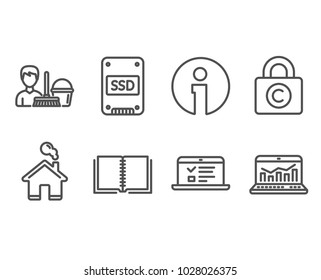 Set of Book, Ssd and Ð¡opyright locker icons. Web lectures, Cleaning service and Web analytics signs. E-learning course, Solid-state drive, Private information. Vector