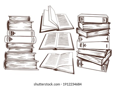 Set of book stacks. Hand drawn vector illustration isolated on white background.