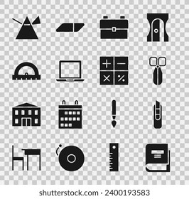 Set Book, Stationery knife, Scissors, School backpack, Laptop, Protractor, Light rays in prism and Calculator icon. Vector