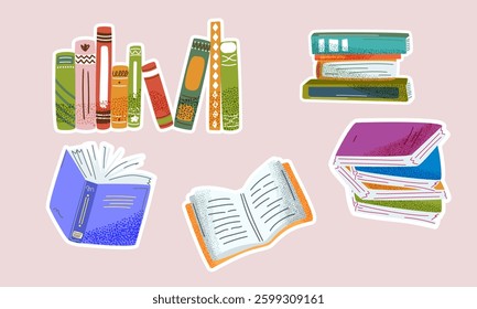 Set of book stickers in hand-drawn style. Open and closed books, stacked books, and bookshelves. Book Lovers Day. For education, reading, and literature themes