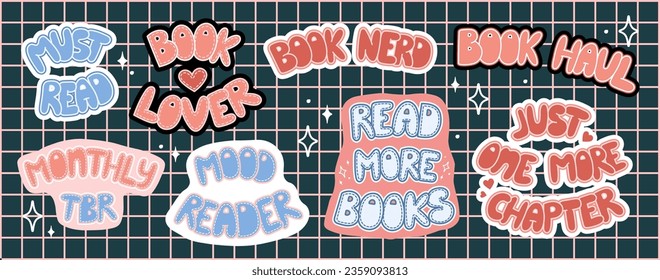 Set of book stickers. Lettering: Book nerd, Book lover, Must read, Read more books, etc. Books friends. World Book Day. Vector.