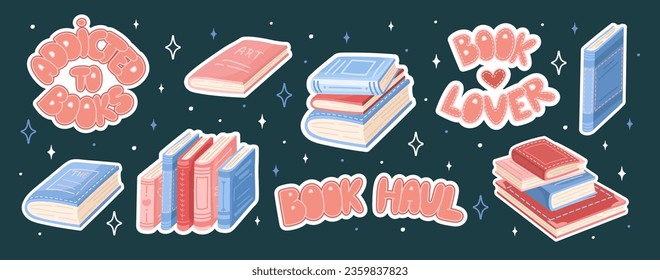 Set of book stickers. Lettering, and stacks of books to read in a flat design style. Book lover. World Book Day. Vector.