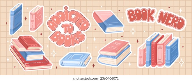 Set of book stickers. Lettering, and stacks of books to read in a flat design style. Book nerd. World Book Day. Vector.