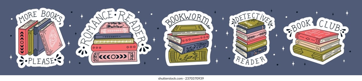Set of book stickers. Open book, lettering, and stacks of books to read in flat design style. World Book Day. Vector.