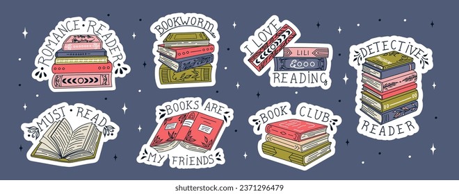 Set of book stickers. Open book, lettering, and stacks of books to read in flat design style. World Book Day. Vector.