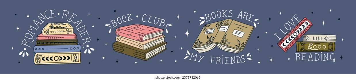 Set of book stickers. Open book, lettering, and stacks of books to read in flat design style. World Book Day. Vector.