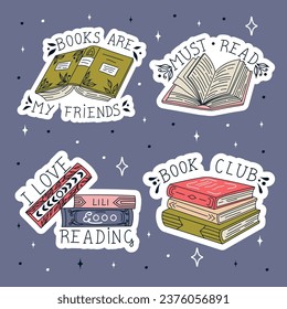 Set of book stickers. Open book, lettering, and stacks of books to read in flat design style. World Book Day. Vector.