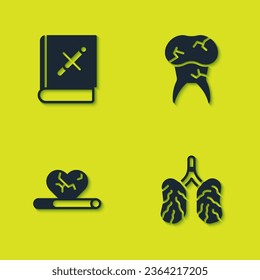 Juego de libros con cigarrillos de parada, pulmones de enfermedad, cigarrillos de enfermedades cardíacas y icono de caries dental. Vector
