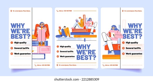 Set of book store banners. Vector illustration of flat male and female characters reading literature with happy interested faces. Students enjoying hobby sitting in library. Publishing festival promo