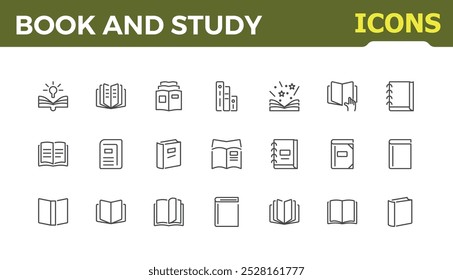 Set of book and study icons set. Minimalist icon related to reading, library, knowledge, education, magazine. Book vector icon. Editable Stroke.