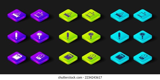 Set Book, Table lamp, Marker pen, Unknown search, Stage stand and Schoolboy sitting at desk icon. Vector
