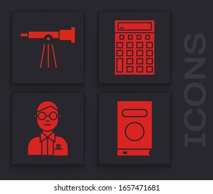 Set Book, Telescope, Calculator and Scientist icon. Vector
