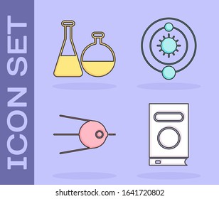 Colocar el libro, el tubo de ensayo y el laboratorio químico del matraz, el satélite y el icono del sistema solar. Vector