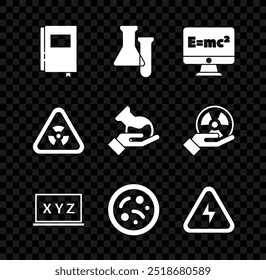 Set Book, Test tube and flask, Equation solution, XYZ Coordinate system, Bacteria, High voltage, Triangle with radiation and  icon. Vector