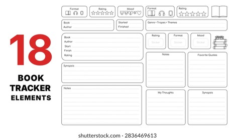 A set of book tracker elements including templates for recording book details, ratings, synopsis, and notes.