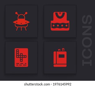Set Book, UFO flying spaceship, Waistcoat and Crossword icon. Vector