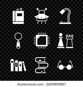 Set Book, UFO flying spaceship, Table lamp, Eyeglasses, Magnifying and Processor with CPU icon. Vector