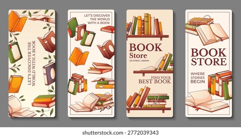 Set of book vertical banners. Vector templates with illustration of books, shelves and typography for library, reading promotion and bookstore advertising, vertical layouts.
