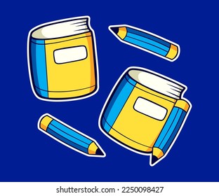 Set of book and wooden pencil cartoon vector illustration