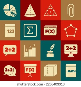Establecer libro con matemáticas de palabra, solución de ecuación, figura geométrica prisma pentagonal, triángulo, símbolo Sigma, gráfico, gráfico, gráfico, diagrama e icono matemático de función. Vector