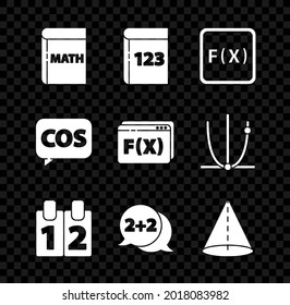 Set Book with word mathematics, Function mathematical symbol, Calendar, Equation solution, Geometric figure Cone, Mathematics function cosine and  icon. Vector