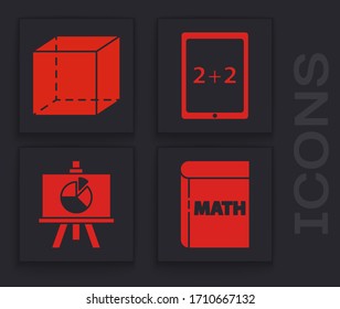 Set Book with word mathematics, Geometric figure Cube, Tablet with calculator and Chalkboard with diagram icon. Vector