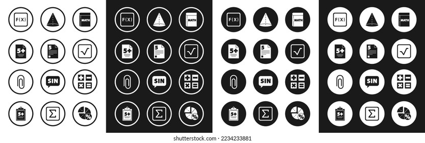 Set Book with word mathematics, Test exam sheet, Function mathematical symbol, Square root, Geometric figure Cone, Calculator and Paper clip icon. Vector