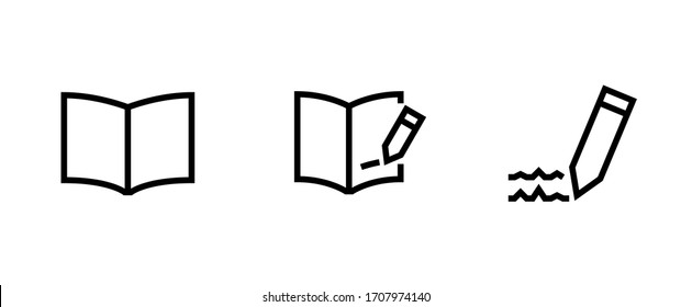 Set book or workbook icon. Editable Vector Outline. Three flat badge open book, make notes, write isolated with black outline.