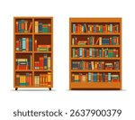 Set of bookcase full of books isolated on white background. Library interior wooden furniture. Vector stock