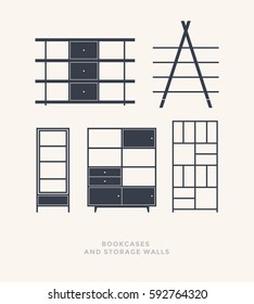 Set of bookcases and storage walls on a light background. Classic furnishings. Flat design, minimalist style. Vector illustration.