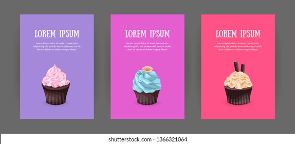 Set booklet cover template with sweet dessert on bright background. Chocolate cakes with cream. Menu for restaurant and coffee house. Cartoon vector illustration.