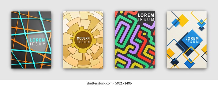 Set of booklets covers with modern abstract design. Brochures sheets with colorful geometric concepts as cobwebs, maze, square frames. Page templates for posters, flyers or presentations illustrating