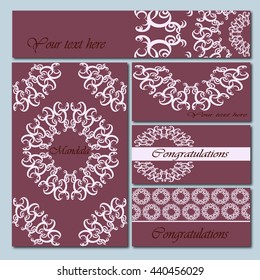 Set booklets templates. Business cards, invitations and banners. Floral mandala pattern and ornaments. Asian, Arabic, Indian motifs. 