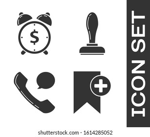 Set Bookmark, Alarm clock with dollar symbol, Telephone handset and speech bubble chat and Stamp icon. Vector