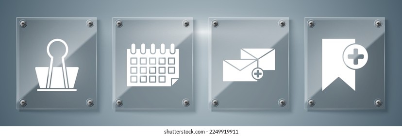 Legen Sie Lesezeichen, Umschlag, Kalender und Bindeglied fest. Viereckige Glasplatten. Vektorgrafik