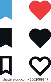 Set of bookmark and favorite icons in blue, black, and red