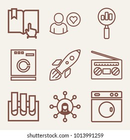 set of bookmark, favorite user, search stats, washing machine, rocket, radio, lab tubes, lab tools, networking, open book vector icon