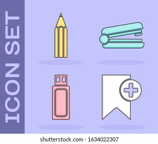 Set Bookmark, Pencil, USB flash drive and Office stapler icon. Vector