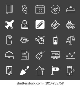 set of bookmark, phone call, calculator, chat app, bell, plane, unlock, binoculars, law scale, mobile mail, helicopter, hat, price tag, chart, banner, money flag, shovel, mobile transfer vector icon