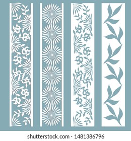 Set of bookmark templates. Panel with a pattern of leaves and flowers. Cut out of paper. Laser cutting, stencil.