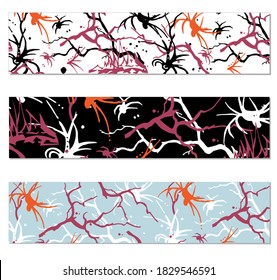 Set of bookmarks with abstract chaotic background. Panel with multicolored blots, spiders and branches. Vector illustration.