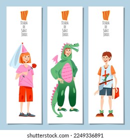 Set of bookmarks with children in carnival costumes: princess, dragon and knight. Diada de Sant Jordi (the Saint George’s Day). Dia de la rosa (The Day of the Rose). Dia del llibre (The Day of the Boo