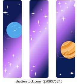 Satz von Lesezeichen mit bunten Planeten auf Galaxy-Hintergrund. Astronomische Vektorgrafik für Schulbedarf, Karte, Druck. Etiketten.