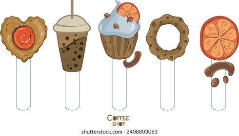 A set of bookmarks with cookies, chocolate cocktail, sweets. Home comfort, hobbies. Pastel colors.