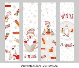  Set of bookmarks with cute gnomes and gifts. Colorful design for social media communication, networking, website badges, greeting cards, posters and more.