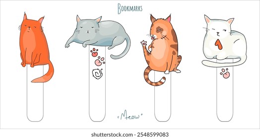 A set of bookmarks with cute vector cartoon cats in different poses. Accessories for study and hobbies.