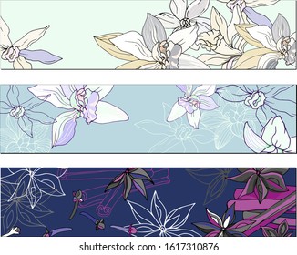 Set of bookmarks with a floral pattern for corporate identity. Vector illustration in pastel colors with contour flowers.